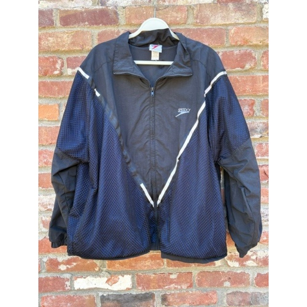 Vintage Speedo Mens Full Zip Windbreaker Jacket Black Navy Mesh V-Stripe Large
